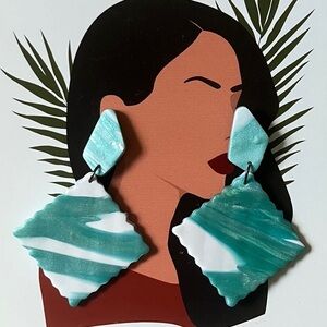 Made By T Store Blue Green and White Ribbon Earrings